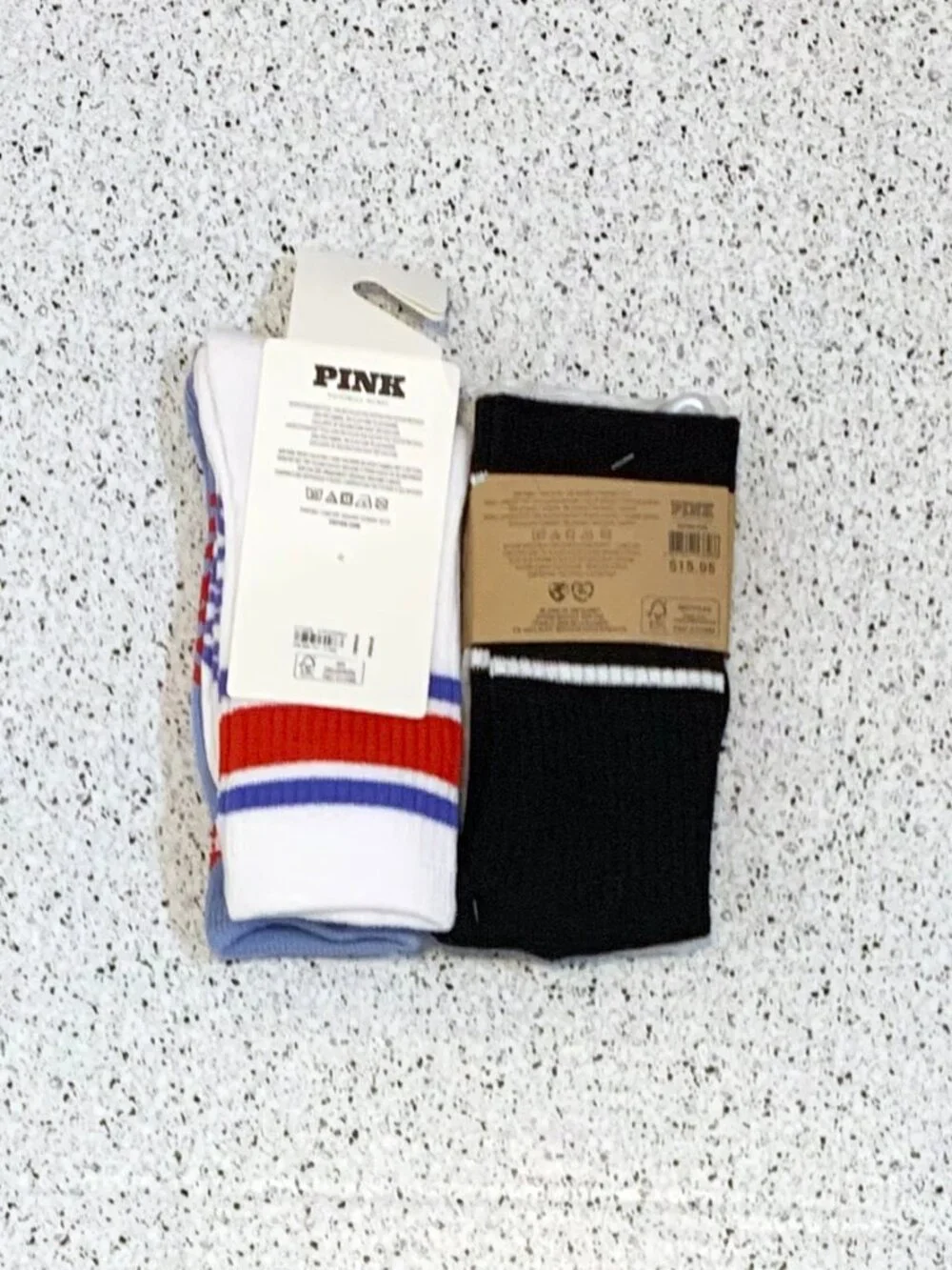 2X Victoria's Secret PINK 2 Pack Crew Socks NWT Black Grey Blue Stars 4 PAIR